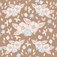 Large wild rose flowers on a beige background. Seamless pattern for design.