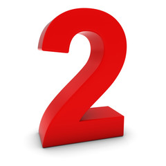 Red 3D Number Two Isolated on white with shadows