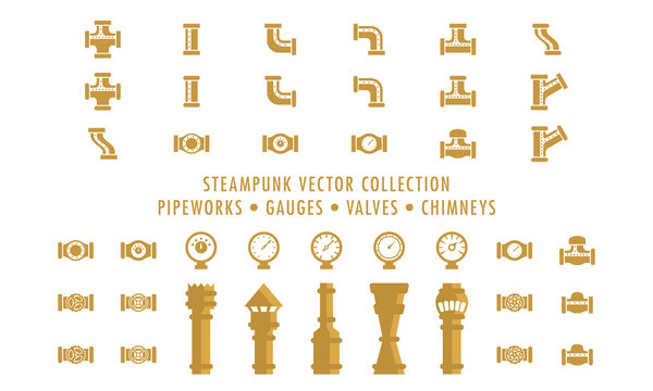Steampunk Collection (isolated on white) - Pipeworks, Gauges & Chimneys