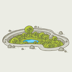 A sunken, cartoon oasis with lush, green treets and a pool of cool water surrounded by a dry desert.