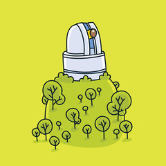A cartoon hilltop observatory surrounded by green trees.