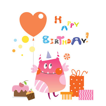 Card to birthday with cute cartoon monster, gifts and sweets. Vector image.