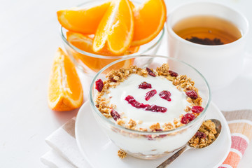 Granola and yogurt with smile face