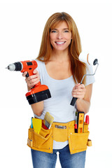 Woman with drill and paint roller.