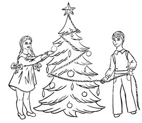 Children dress up Christmas tree