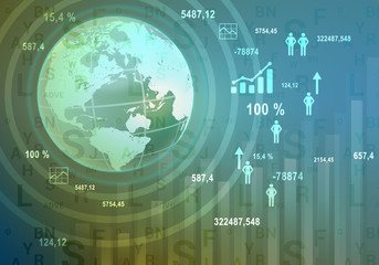 Globe with world map icons and charts.