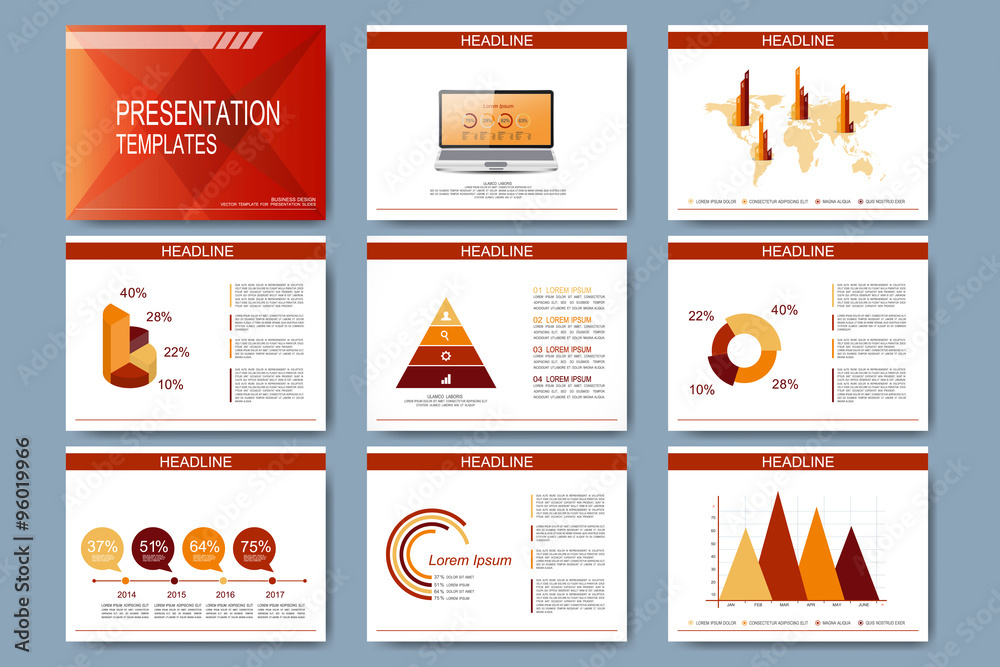 Poster Set of vector templates for presentation slides. Modern business design with graph and charts