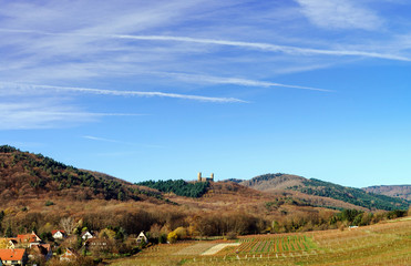 Andlau castle panoramic view through the vineyard