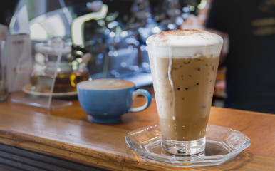 Close up ice Coffee, latte on the wooden table