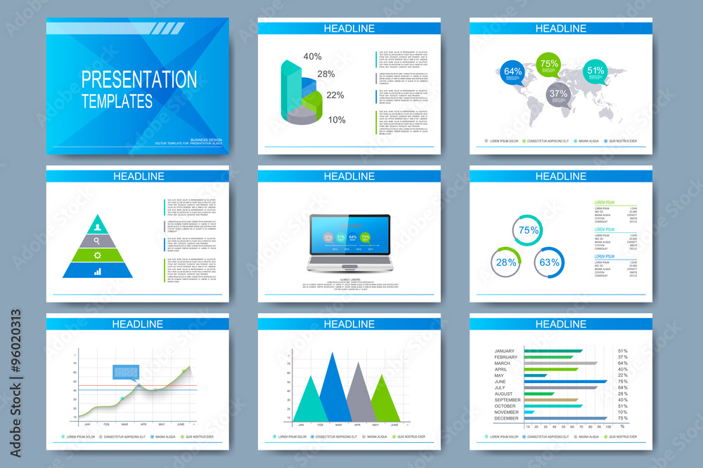 Poster Set of vector templates for presentation slides. Modern business design with graph and charts