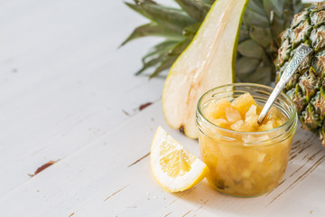Pear and lemon jam and ingredients