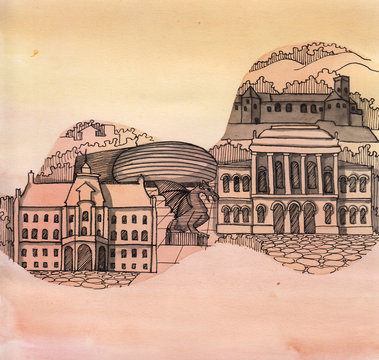 The panoramic view of the Ljubljana city of the Slovenia cauntry of Europe Union hand drawn isolated on the light background