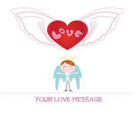 cute cartoon illustration of young angel man in love, love card.