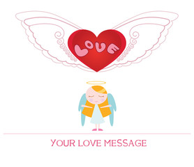 cute cartoon illustration of young angel woman in love, love card.