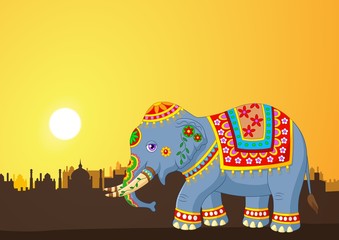 Cartoon elephant wearing traditional costume on the sunset background 