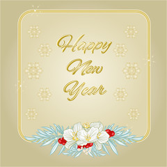 Happy New Year Frame jasmine and snowflakes gold background vector