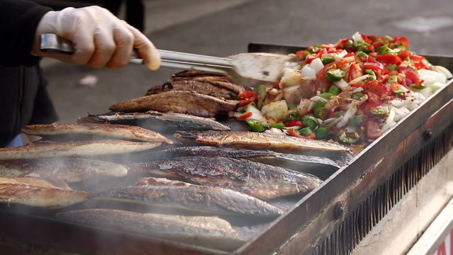 Grilled fish is one of the most popular street food in Istanbul,Turkey.
