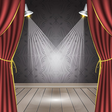 Theater stage with red curtain, wooden floor, spotlights and seamless wallpaper.