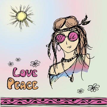 Friendly hippie with long hair making peace sign