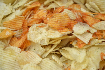 Close up of heap of grooved potato crisp / chips in bowl