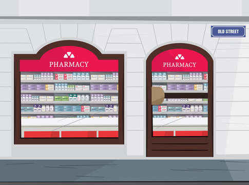 Modern exterior and interior pharmacy and drugstore. Sale of vitamins and medications. Vector cartoon simple illustration.
