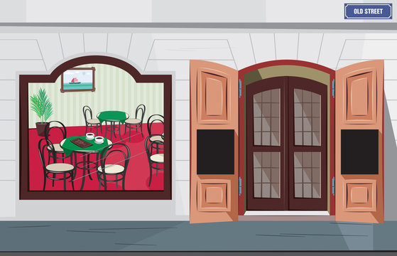 Exterior and interior traditional cafe in france. Romantic restaurant in the historic town. Vector simple cartoon illustration.