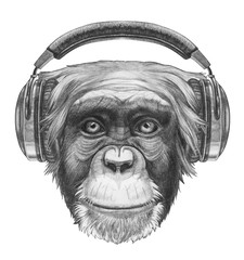 Portrait of Monkey with headphones. Hand drawn illustration.
