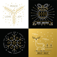 Merry christmas outline gold set bauble deer holly
