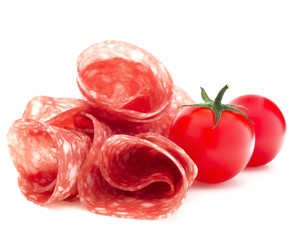 Salami sausage slices isolated on white background cutout