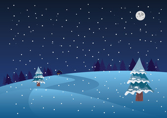 Winter Christmas holiday. Night landscape with snow. Simple flat vector illustration.