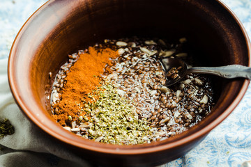 cooking process of crackers from flax, sesame, sunflower seeds a