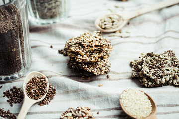 flaxen bars with sunflower seeds, sesame seeds and spices, healt