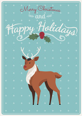 Cute cartoon deer. Merry christmas background card. Flat design. Vector illustration.