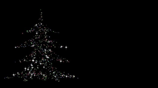 Animation of appearing Christmas tree from colored sparkles. The sparkles form silhouette of Christmas tree. The tree gleams and shines on black background for several second, then tree scatters back
