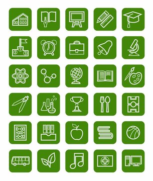 Education, icons, linear, white outline, green background. 