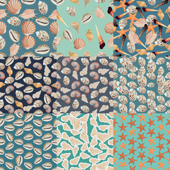 Collection of seamless backgrounds on the topic of sea shells