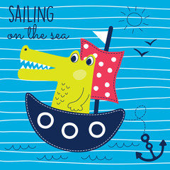 Naklejka premium sailing crocodile on the sea vector illustration