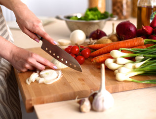 Cook's hands preparing vegetable salad - closeup shot