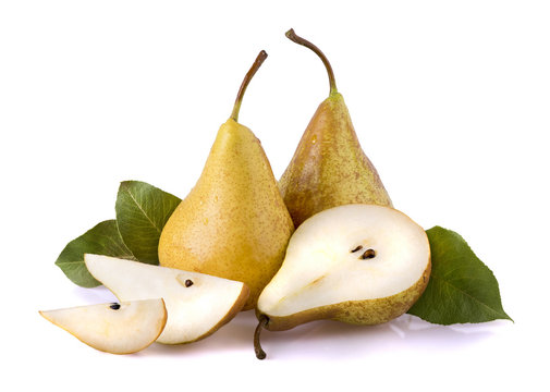 one and a half yellow pears over white background