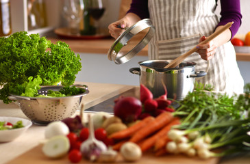 Cook's hands preparing vegetable salad - closeup shot