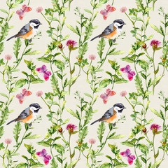 Meadow herbs, flowers, butterflies and cute birds. Repeated pattern. Water color
