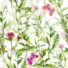 Fototapety  Wiosenny ogród: trawa, zioła i kwiaty z motylami. Vintage akwarela. Retro wzór