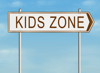 Kids zone. A road sign on the sky background. Raster illustration.