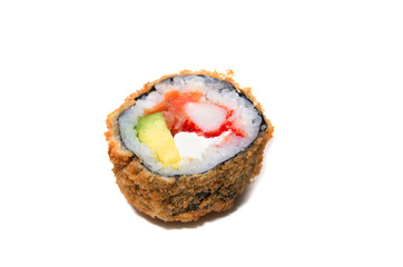Deep-fried Japanese roll with crab meat, salmon, avocado, caviar