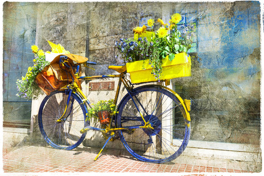 Bicycle of postman - charming street decoration, retro picture