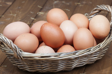 Basket filled with organic eggs