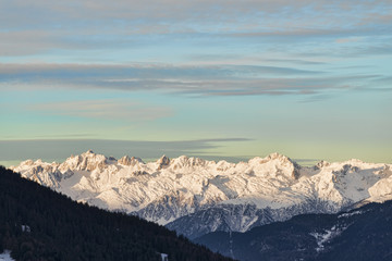 Fototapeta na wymiar Rocky mountain range at winter morning