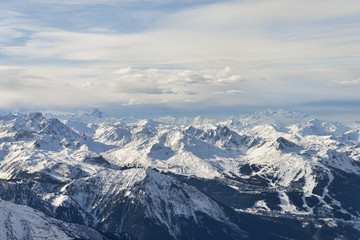 Winter alps mountain range aerial view