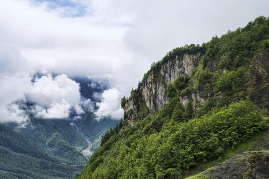Rocky forest cliff among clouds in alps