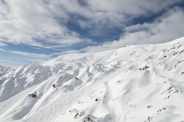 Winter ski alpine resort slopes aerial view